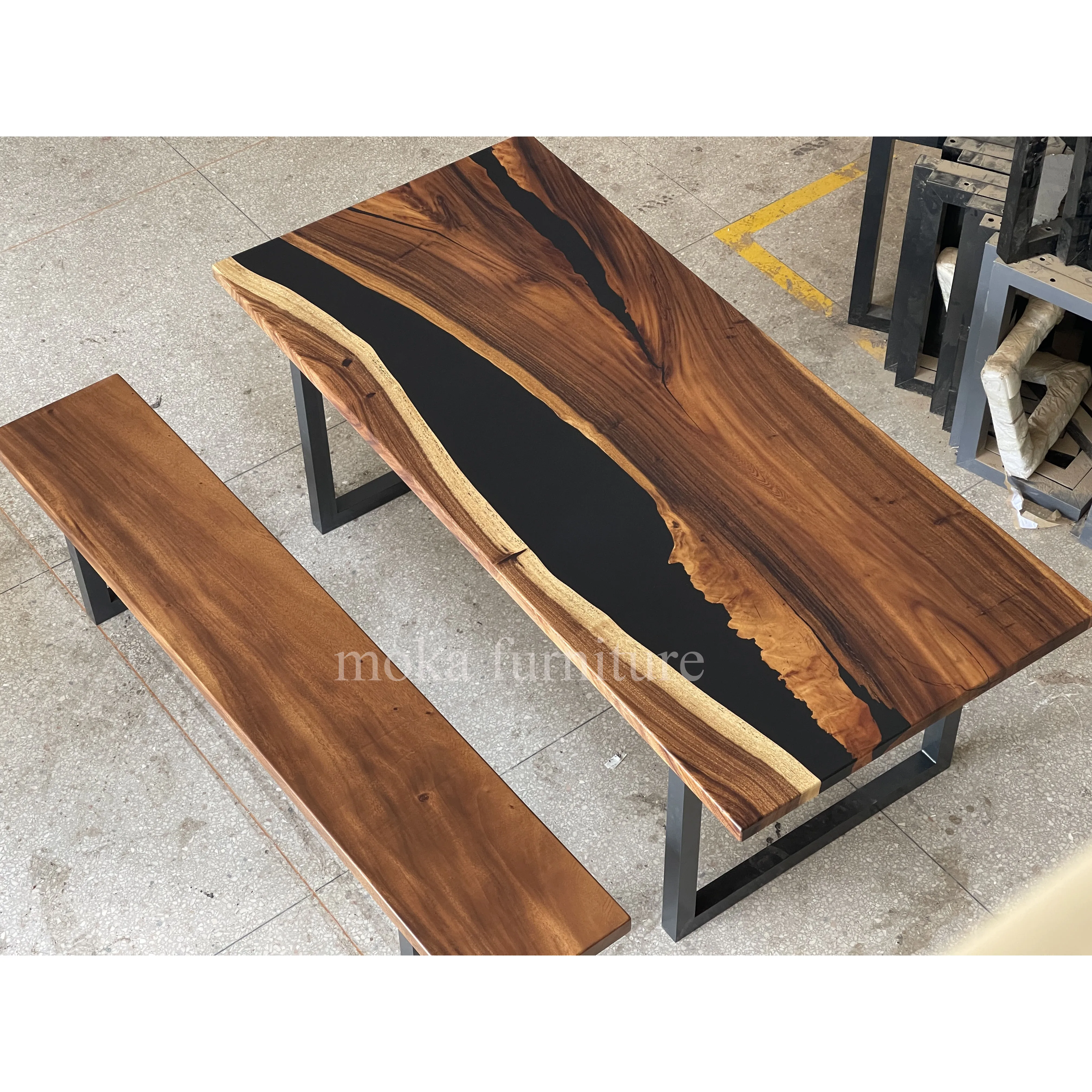 Hot selling black epoxy dining table with bench custom made river table