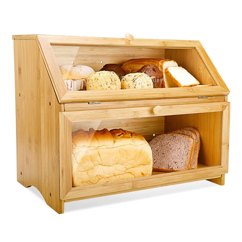 Bamboo food box food breakfast storage crate for kitchen counter double layer large wood bread box