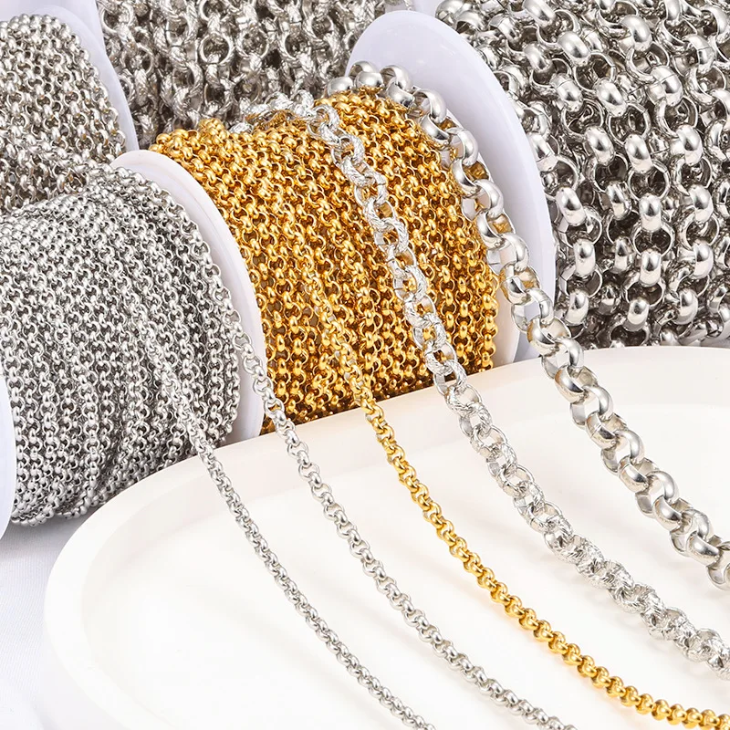 Permanent Jewelry Stainless Steel 18K Gold Plated Round Pearl Link Chain Necklace Round Box Chain Round Circle Rolo Chain