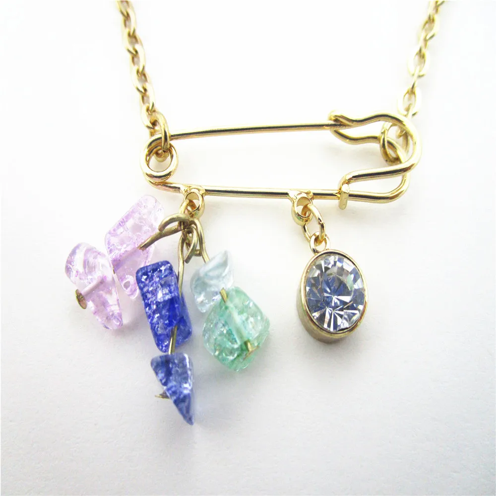 necklaces of safety pin with charms of semi-precious stone jewelry
