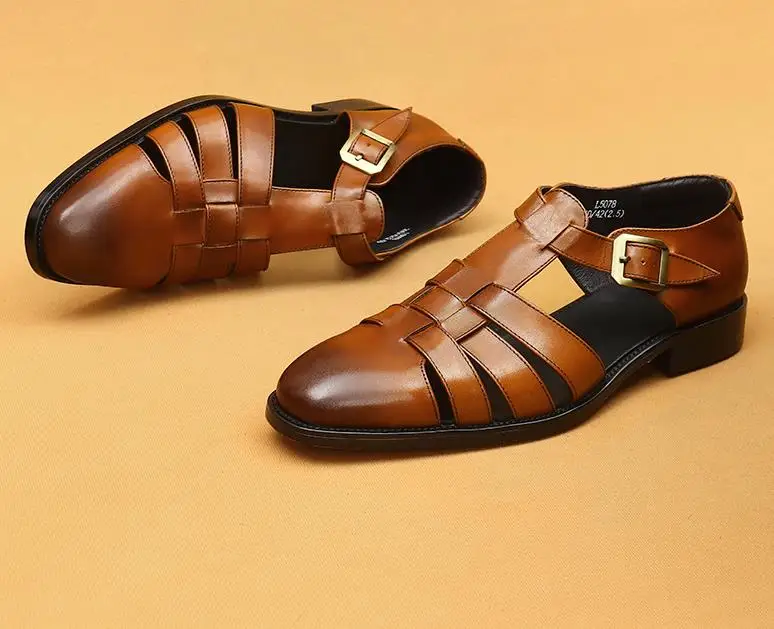 2024 new top layer cowhide summer business flat leather sandals belt men hollow casual beach roman sandals