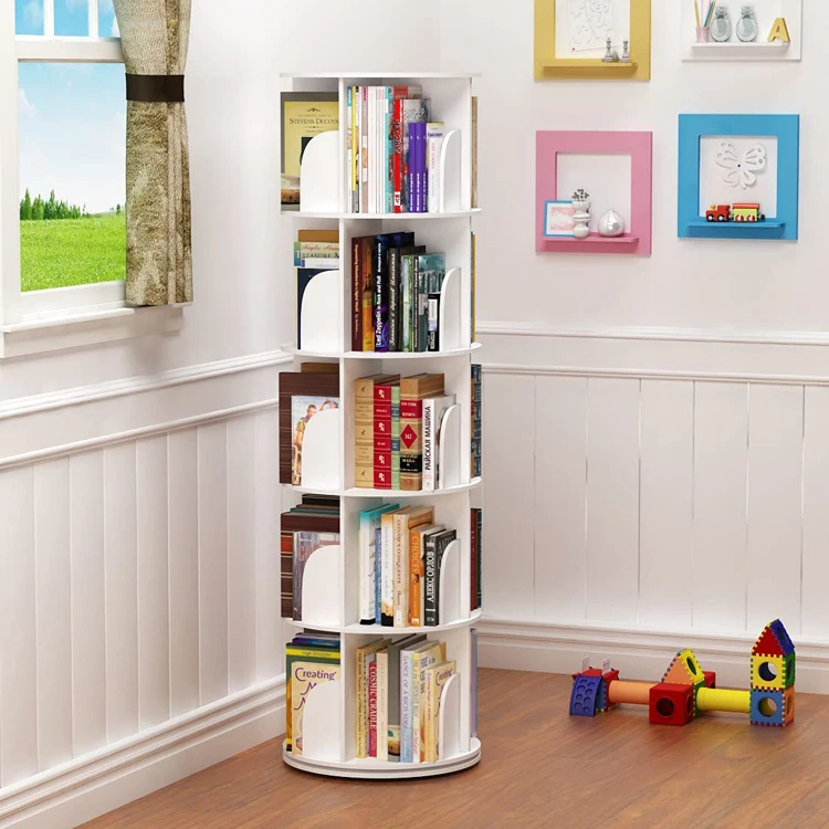 White Multi Purpose Children Library 360 Degrees Rotating Book Shelf for Kids Bedrooms