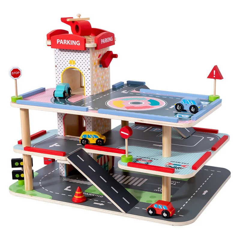 2024 Wooden montessori Race Track Car ramp Garage parking Play set Toy for Toddler Age 2-4 Year Old Boy