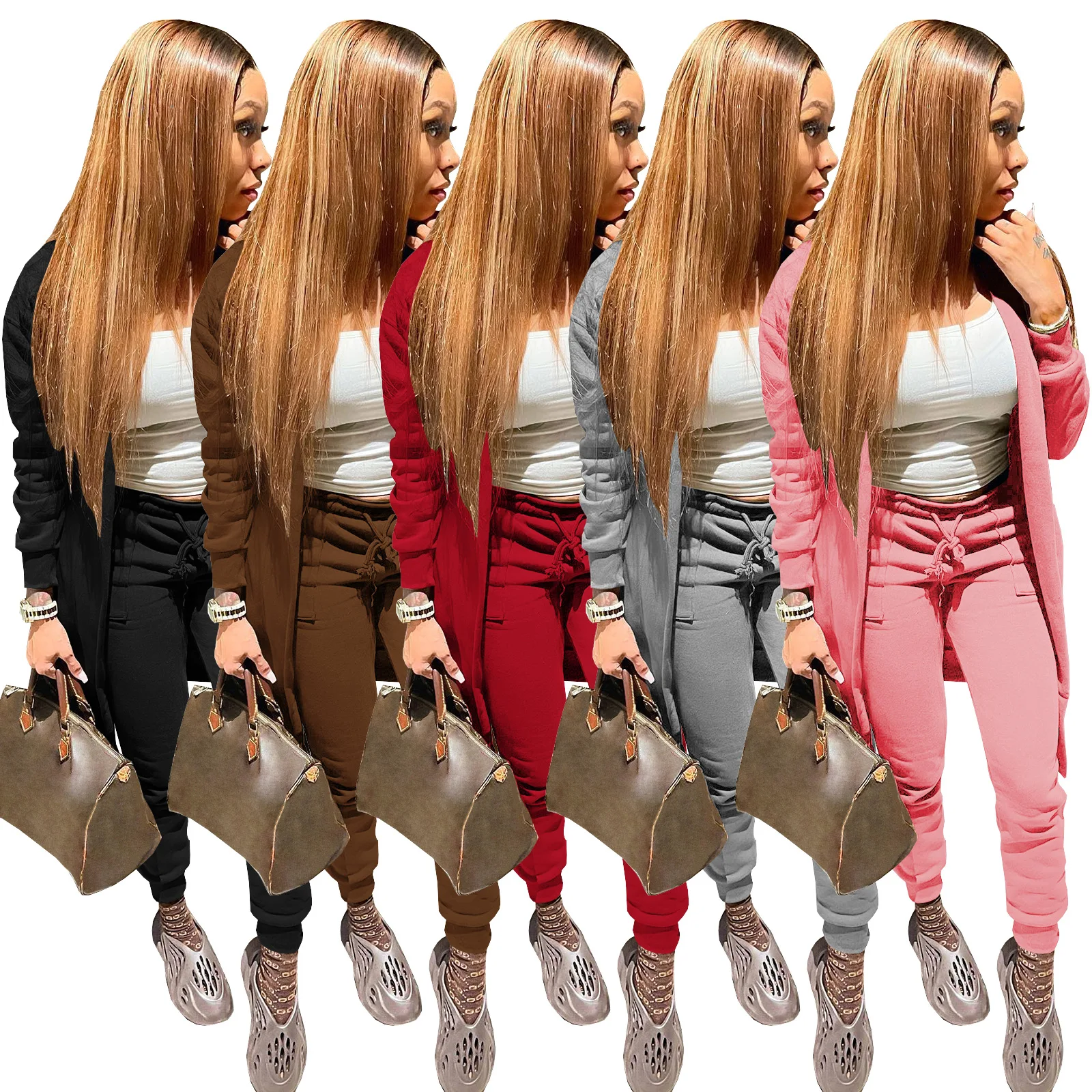 Winter wear tech fleece plain tracksuit sweatsuit set women jogger set long cardigan sweat pants two piece set