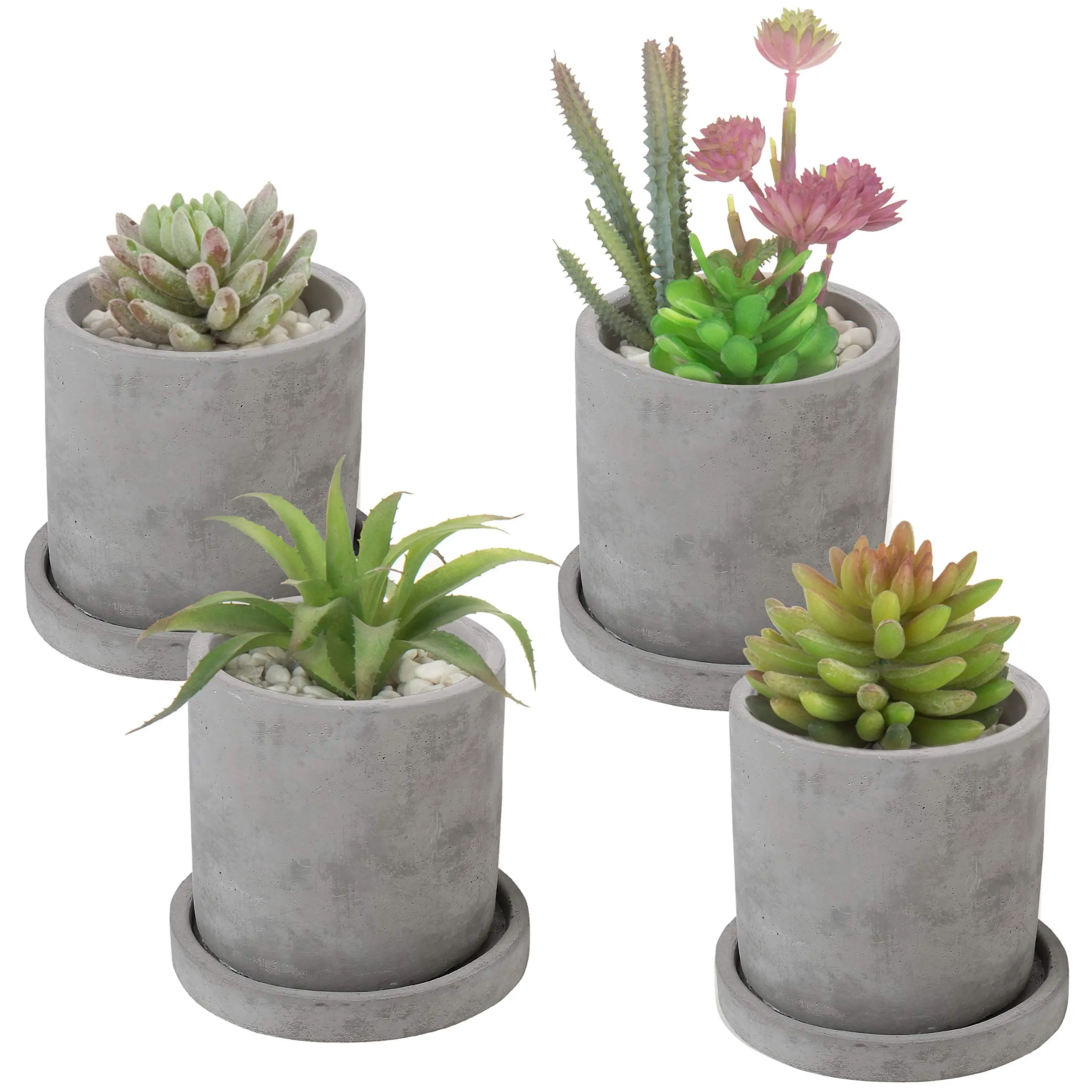 4 Inch Unglazed Gray Concrete Planter, Cylindrical Cactus Herb Succulent Planter Pots with Removable Drainage Trays