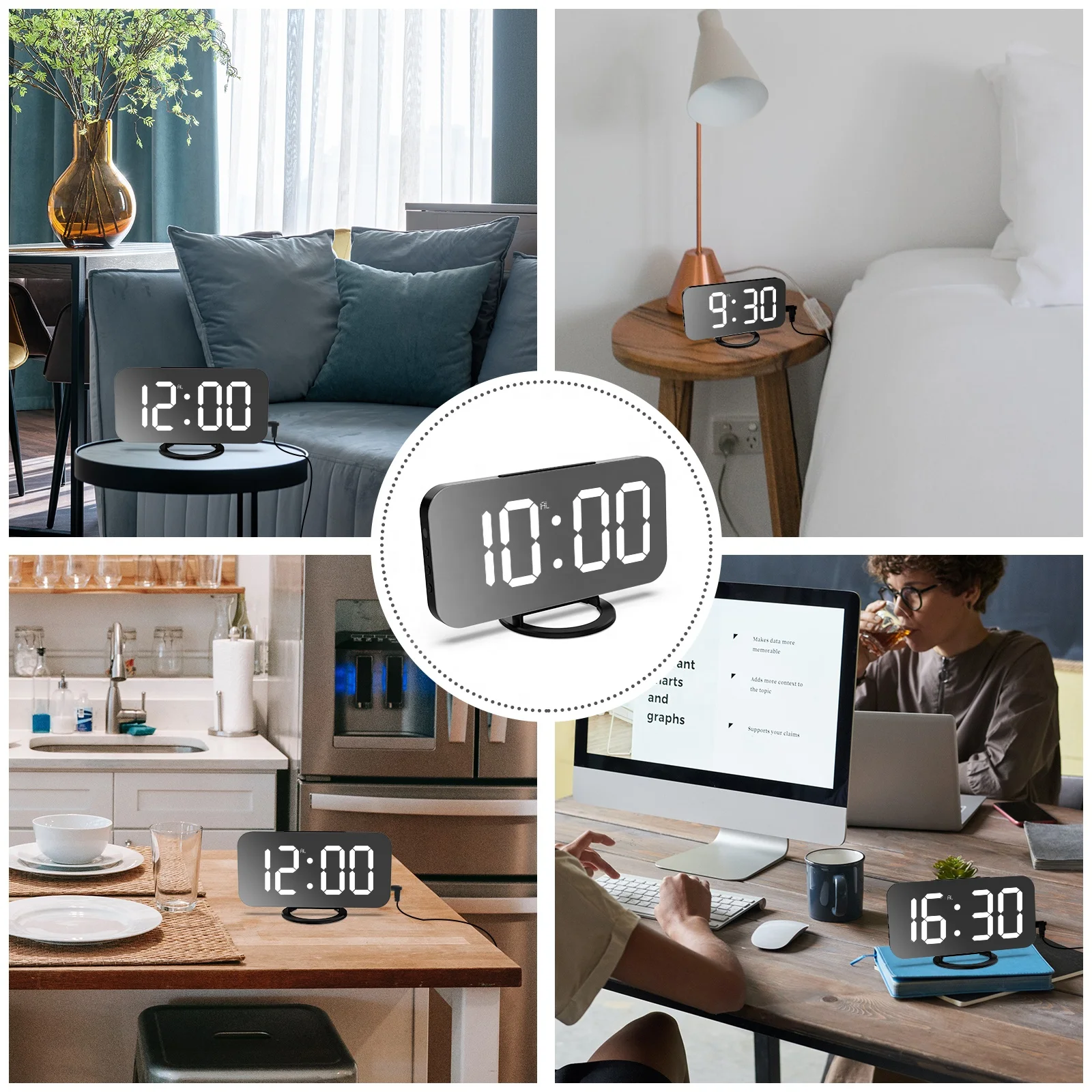 2022 Fashionable Desktop Mirror Alarm Clock Wall Mounted Digital LED Wall Clock