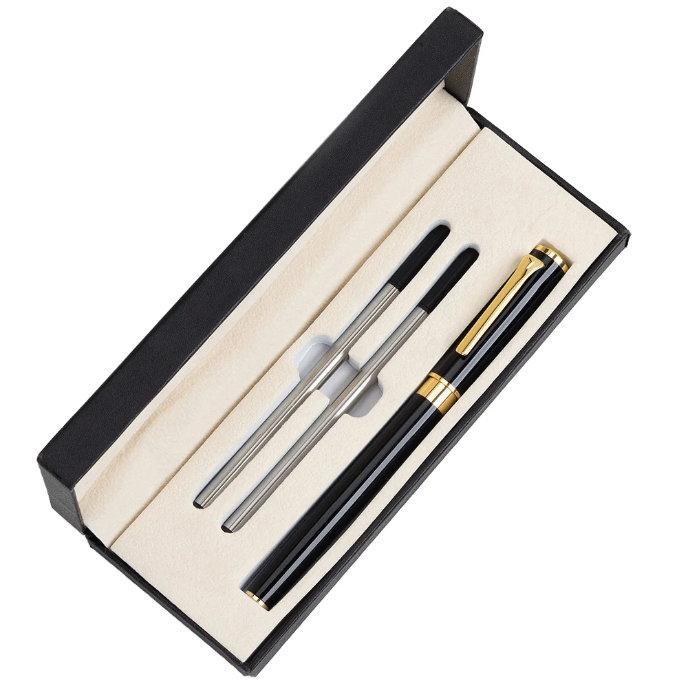 Роскошный черный металлический ролик фирменная ручка Подарочный набор с картонным чехлом индивидуальным логотипом плюс два дополнительных заправки