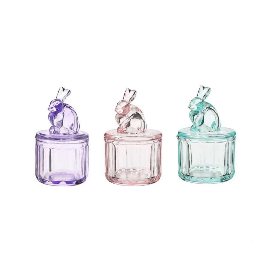 Cheap high quality easter day decorative gift storage glass bunny candy jar with glass lid