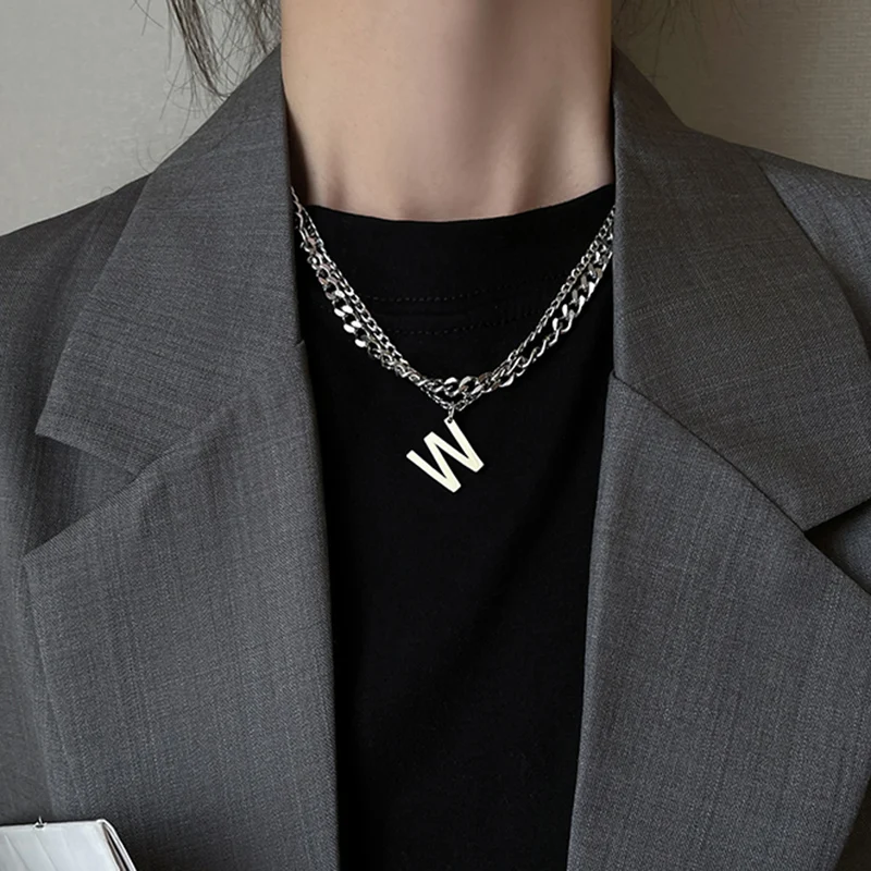 
Fashion letter W female titanium steel double layered sweater chain simple hip hop cuban link chain 