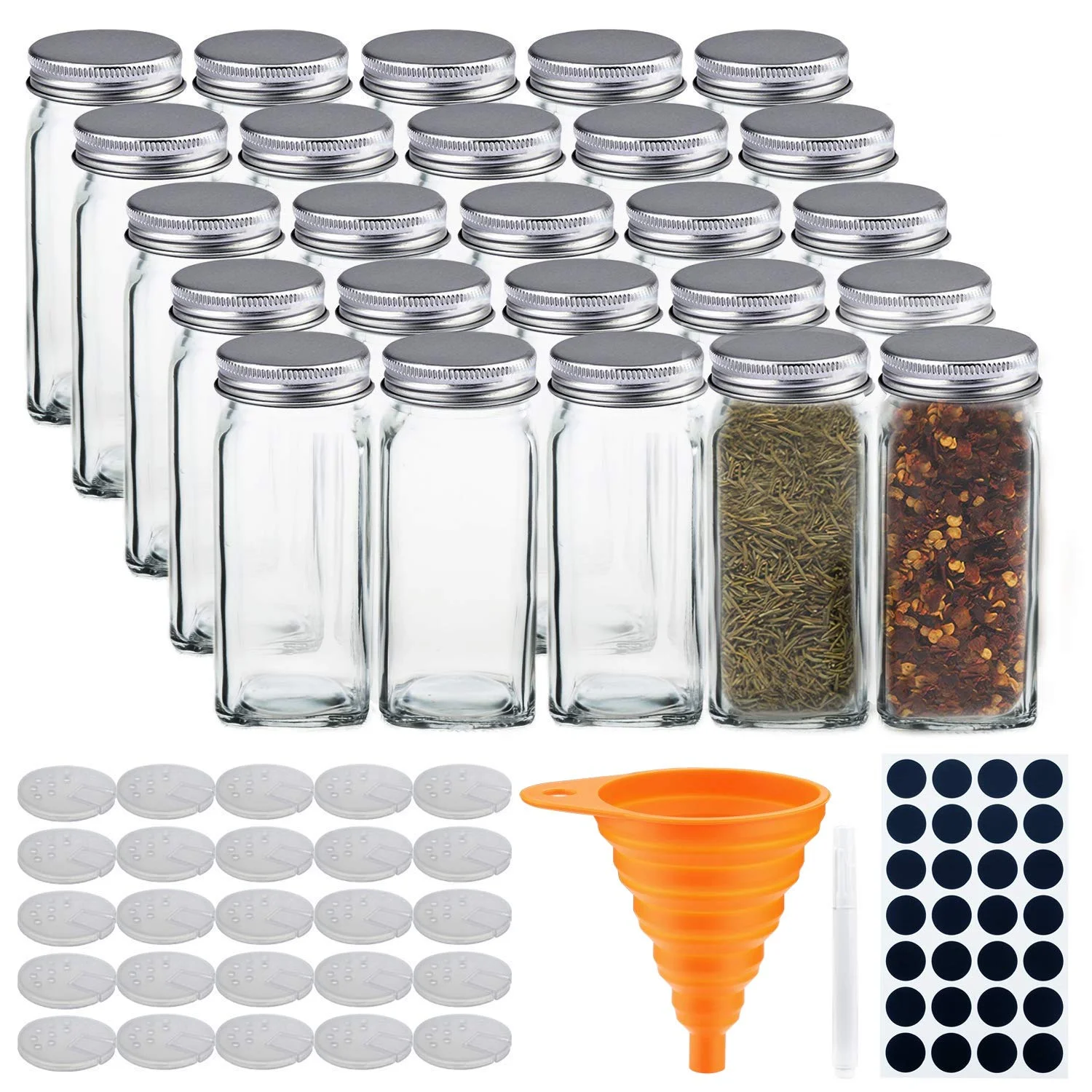 
Glass Spice Jars, Square Empty Tins 4oz, Airtight lid, Chalkboard & Clear Label, Shaker Insert Tops 