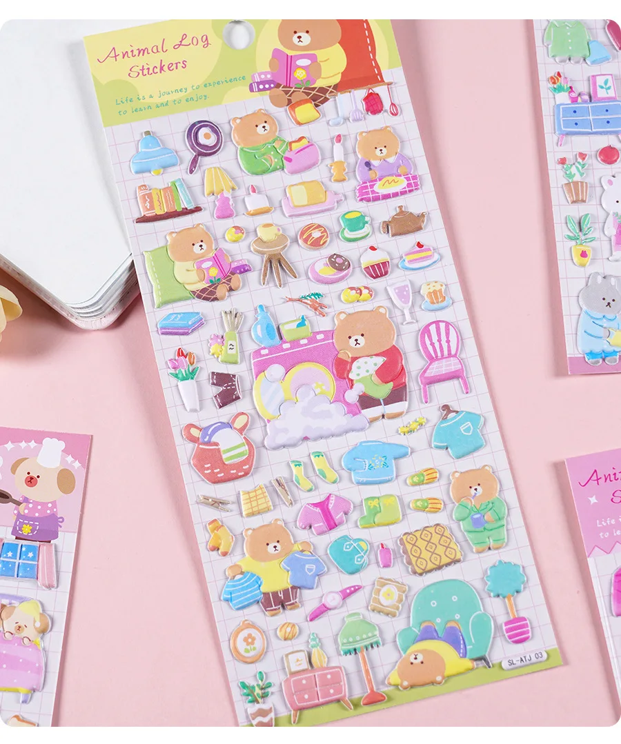 Cute Bear Bunny Animal Cartoon Waterproof 3D Puffy Sponge Bubble Stickers for Kids UV Printed