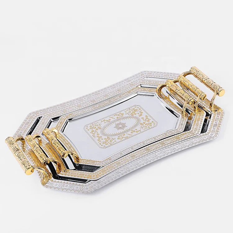 Hot-selling Ramadan Arabic Golden Towel Tray Mirror Service Trays Jewelry Plate Wedding Restaurant Bar Serving Tray