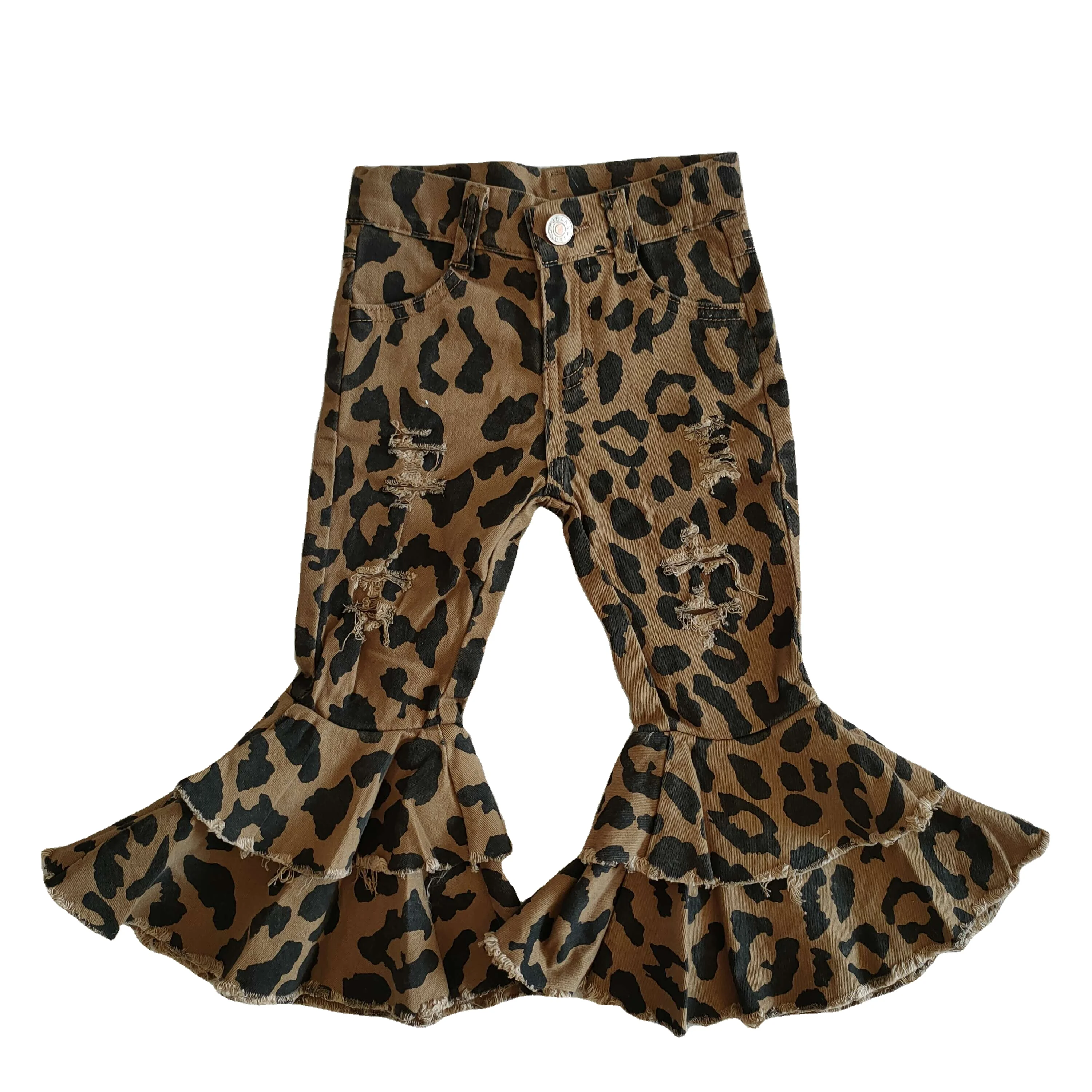 Осень 2020, детские брюки для маленьких девочек, новые детские джинсовые брюки с леопардовым принтом и двойными расклешенными штанинами с колокольчиками, одежда для девочек, винтажные джинсы