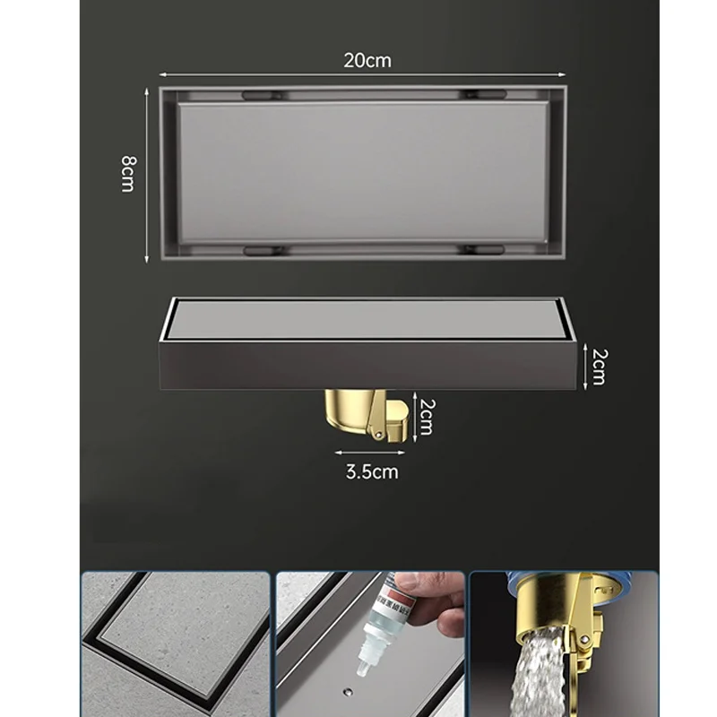 Modern Gray Bathroom Shower Roof Odour Less Floor Drain Anti Odor Cocroach Stainless Steel Long Shower Floor Drain Wetroom Line