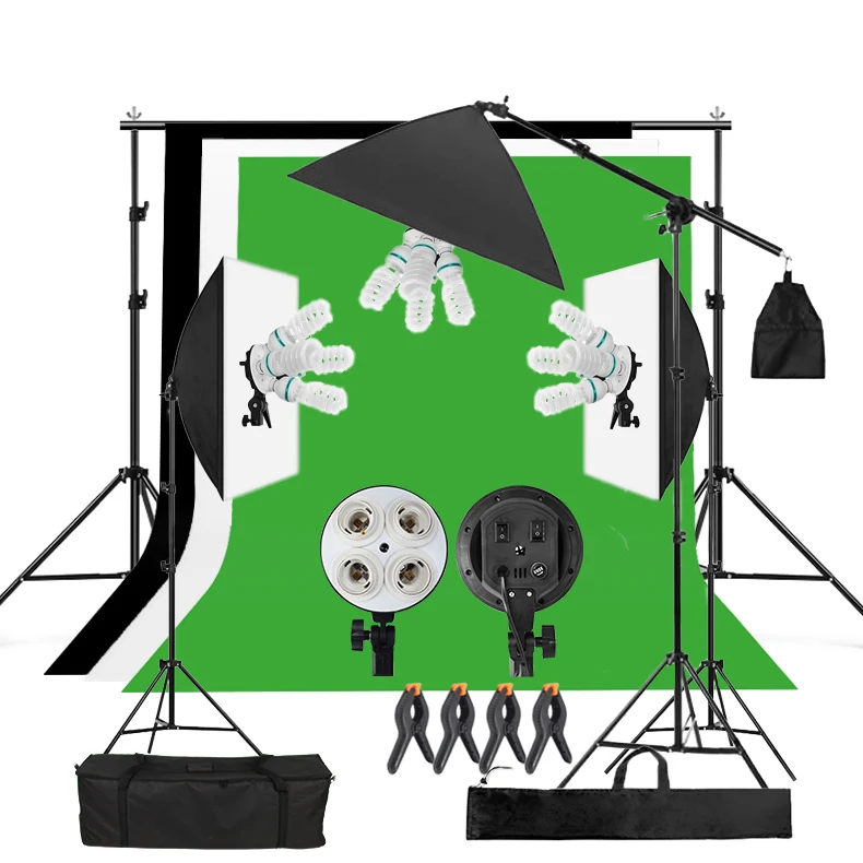 2x3m Background Stand Black White Green Screen Backdrop Four Lamp Head Soft Box Softbox Photography Light Set