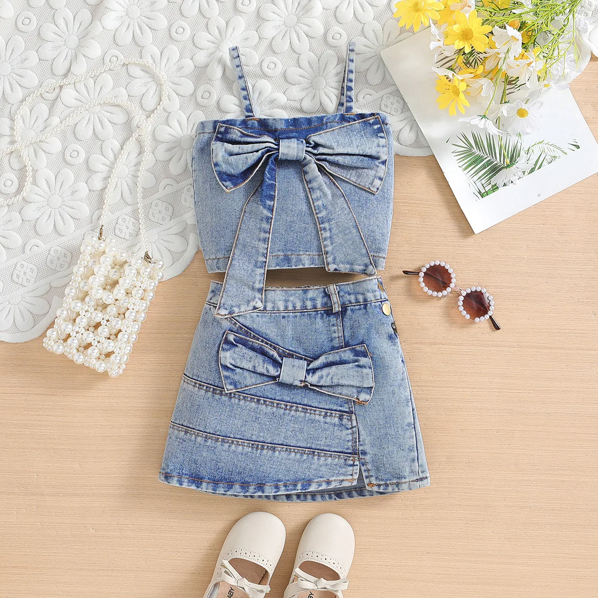 2024 Summer Toddler Girl Denim Set Sleeveless Crop Top + Skirt 2 pcs Short Set 2-6 Years