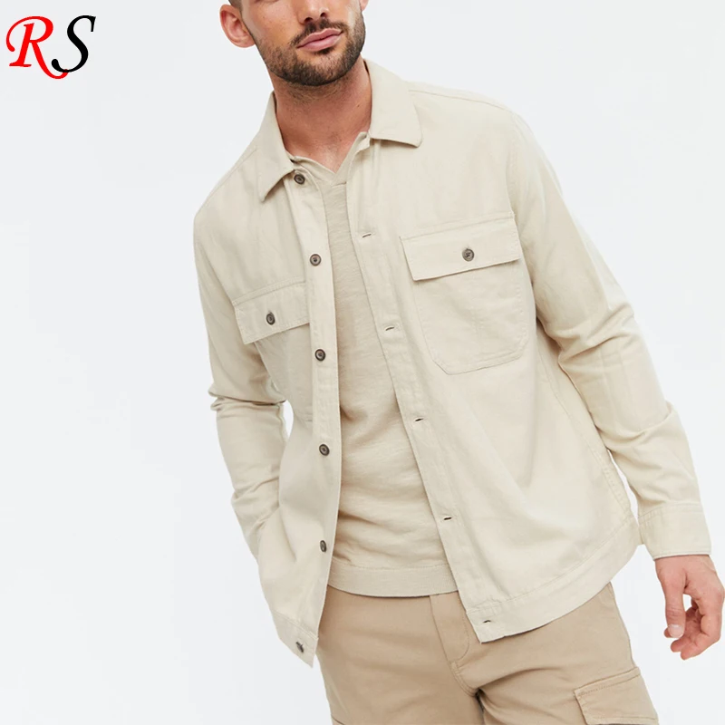 New Arrival Fashion Custom Logo Linen Look Men Shacket Borg Collar Thin Shirt Jacket