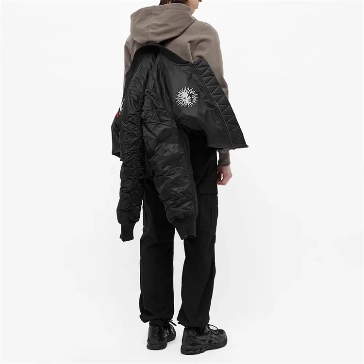 OEM custom100% Nylon interior shoulder straps black utility quilted bomber pilot flight jacket for men