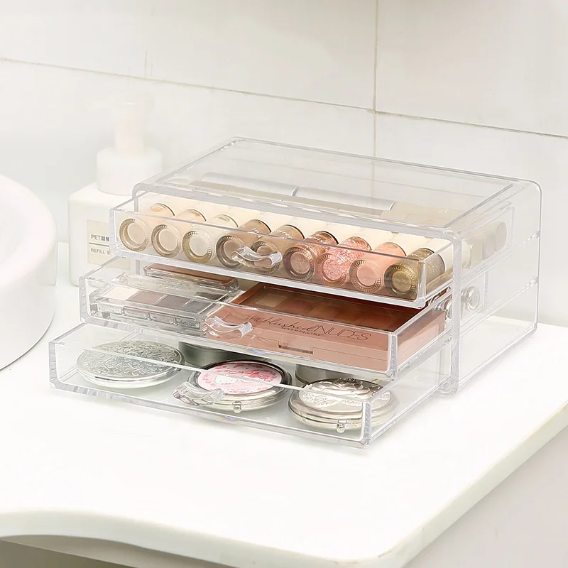 Dresser beauty woman cosmetic jewelry brushes countertop storage drawer box diamond clear plastic makeup organizer