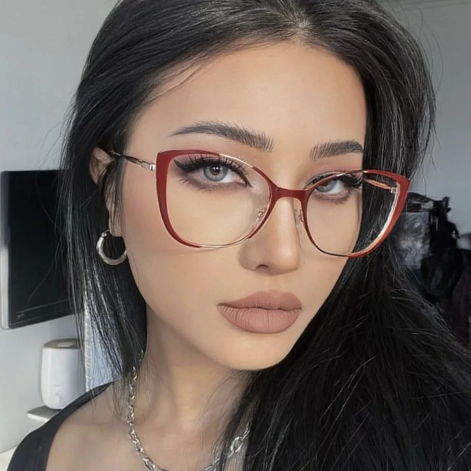 lentes luz azul paint red pink hawksbill metallic cat eye 2023 female girls optical frame blue light block fashion glasses