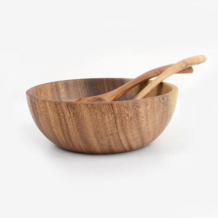 High Quality Custom Logo 10 Inch Large Round Salad Bowl Acacia Wood Bowl With Salad Server