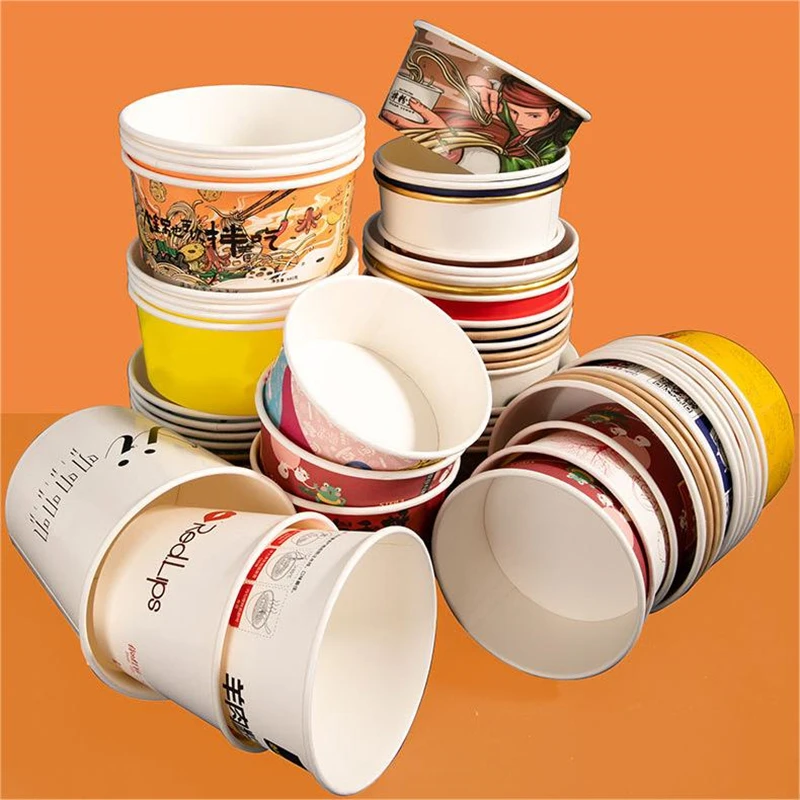 Food Grade Inter layer Tray Kraft Instant Noodles Yogurt Heatable Paper Bowl Printing Kraft Paper Bowl with Paper Lid Cap