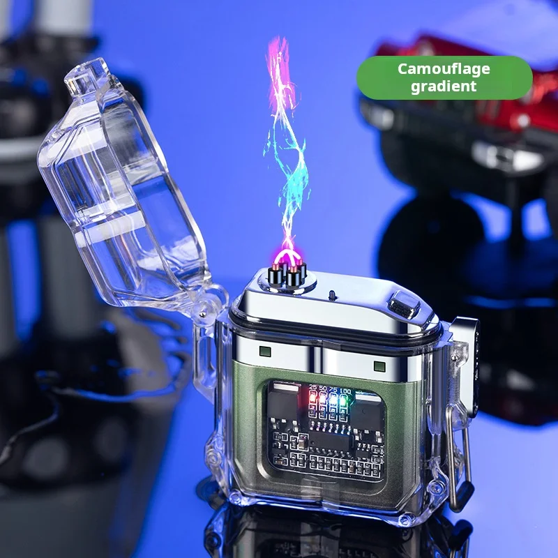 Waterproof Electronic Pulse Lighter with Transparent Case Windproof Outdoor Dual Arc Igniter