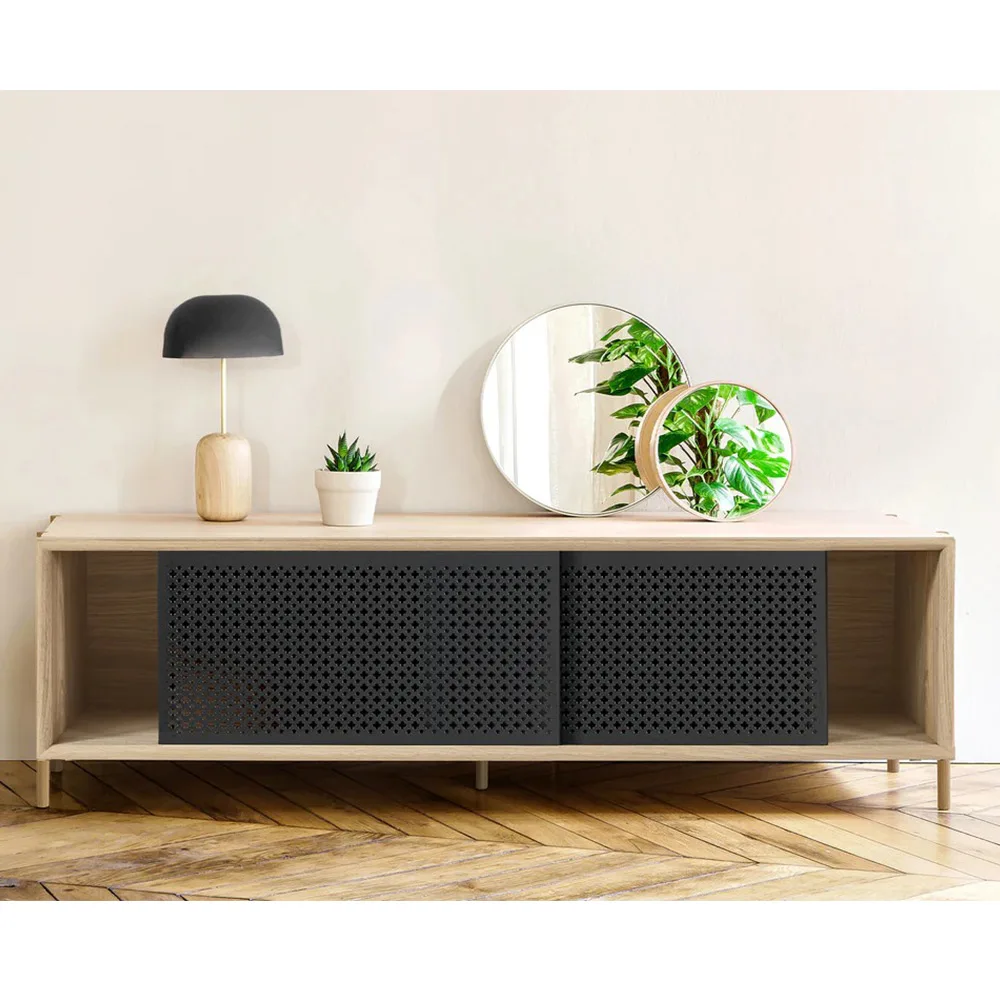 NBHY Modern Naturally TV Console Station Industrial Storage TV Stand Cabinets with Sliding Metal Door