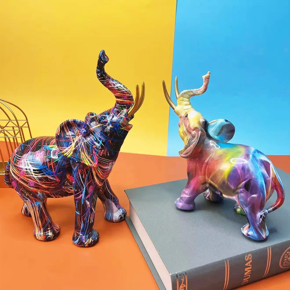 Whosale High Quality Transfer Printing Animal Figurines Statue Home Decoration Resin Colorful Elephant Figurines