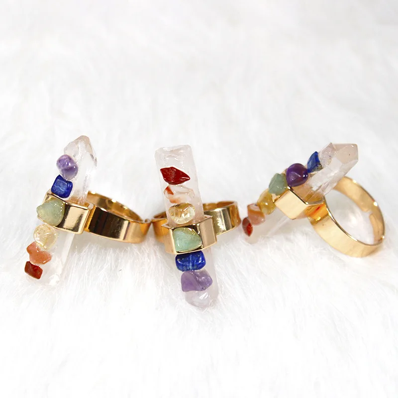 QIURAN Natural Crystal column crushed stone Set Ring 7 Chakra Crystal ring set with gold adjustable ladies fashion Reiki jewelry