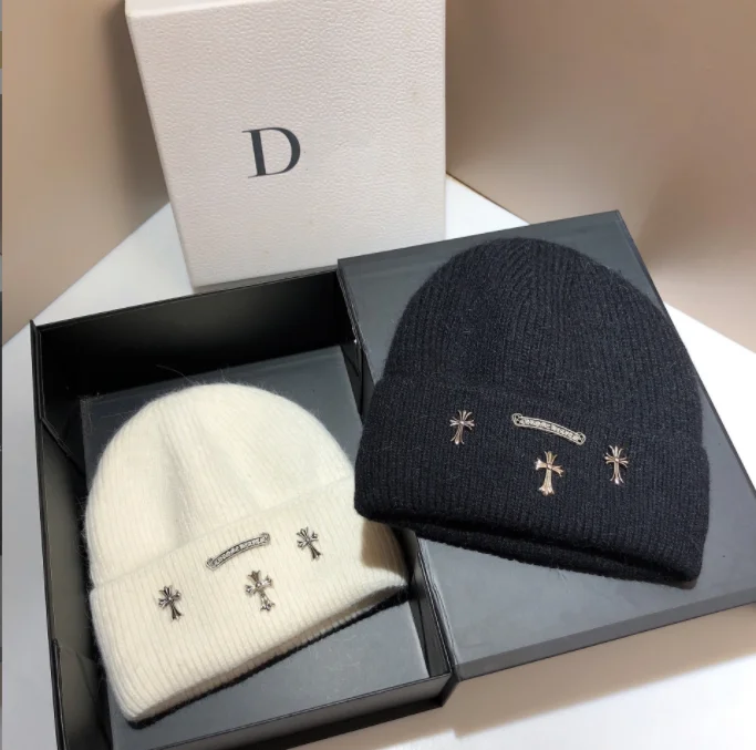 2022 autumn and winter double layer plus velvet thick rabbit fur cross knit hat fashion men and women warm wool hat wholesale