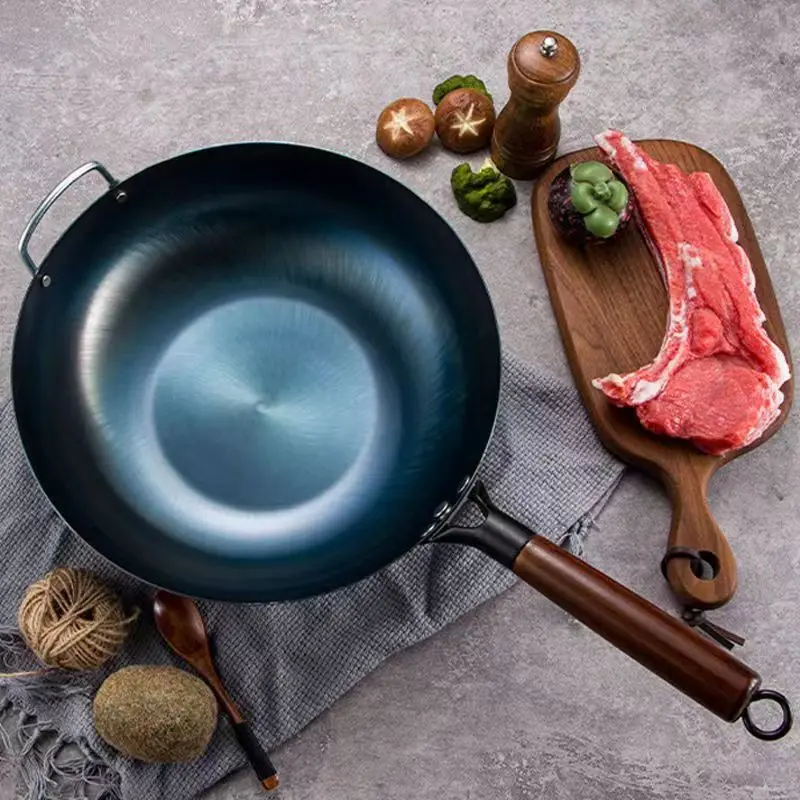 Ручка из красного дерева в китайском стиле, кованая посуда без покрытия, традиционный кухонный горшок, домашний железный горшок с плоским дном для кухни