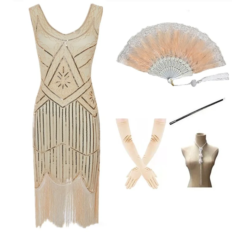 Wholesale 1920s Black golden beige Flapper Dress Great Gatsby Charleston 20s Abbey Sequins Fancy Costume