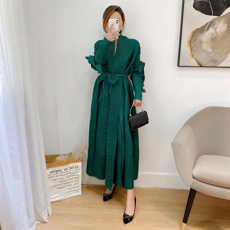 Женское плиссированное платье-макси, Элегантное Длинное свободное платье до щиколотки с оборками и длинным рукавом, 2021