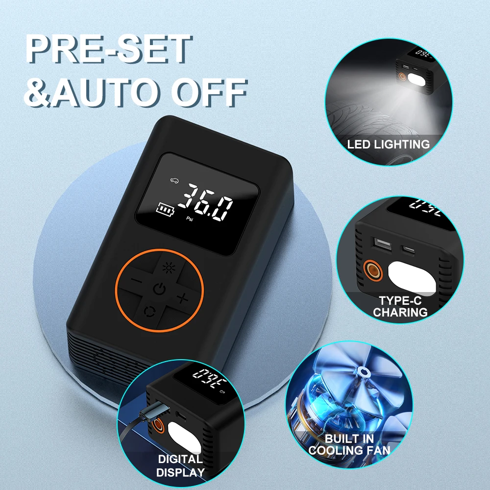 Mini Electric 120W Digital Tire Inflator ABS Wireless Air Pump with 4000mAh Battery 150psi Air Pressure for Tent Water Cooler