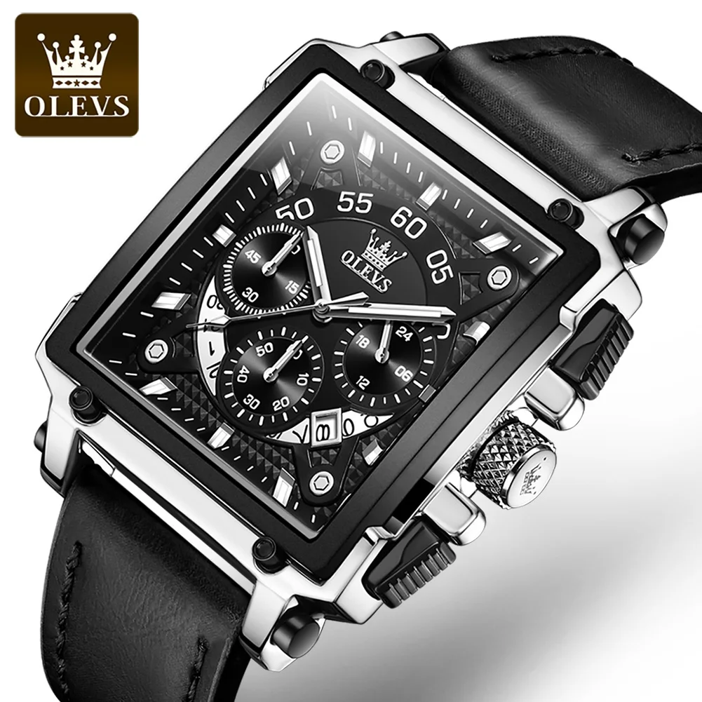 OLEVS-9919 New Luxury Men Quartz Leather Watches Square Shell Horizontal Three Eye Calendar Men Waterproof Wristwatches