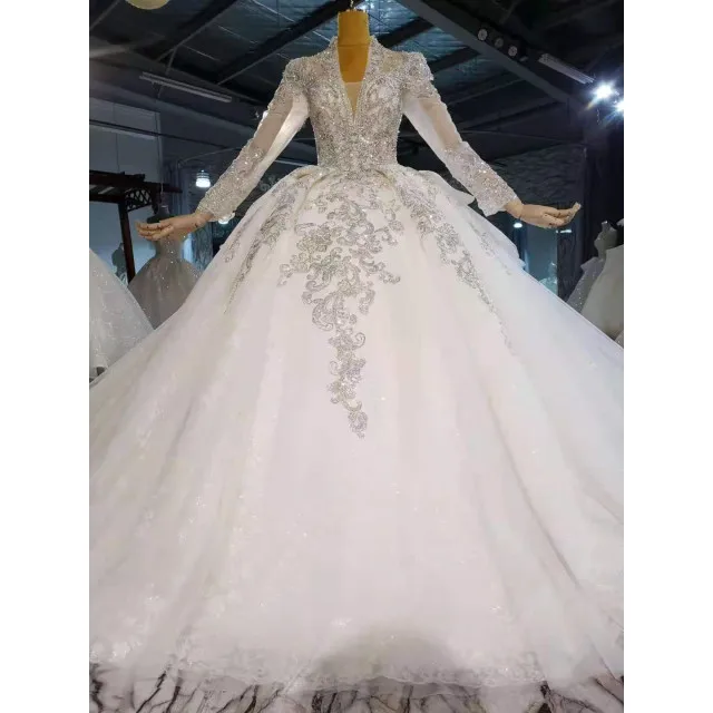 Graceful A Line long sleeve beaded lace applique bridal gown wedding dress