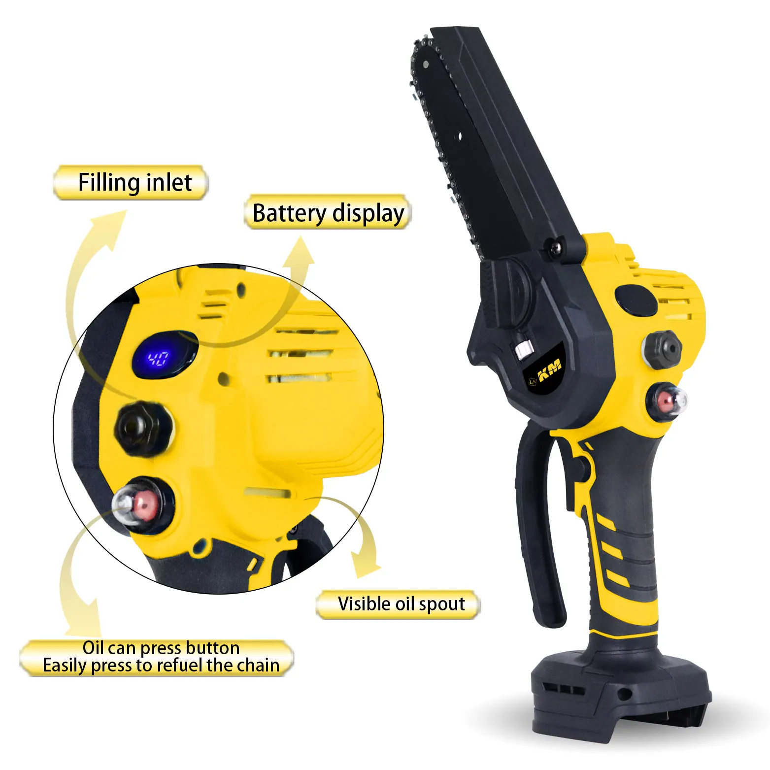 KM New Arrival 21V Lithium Battery Electric ChainSaw Cordless Hand Power Chain Saw For Garden