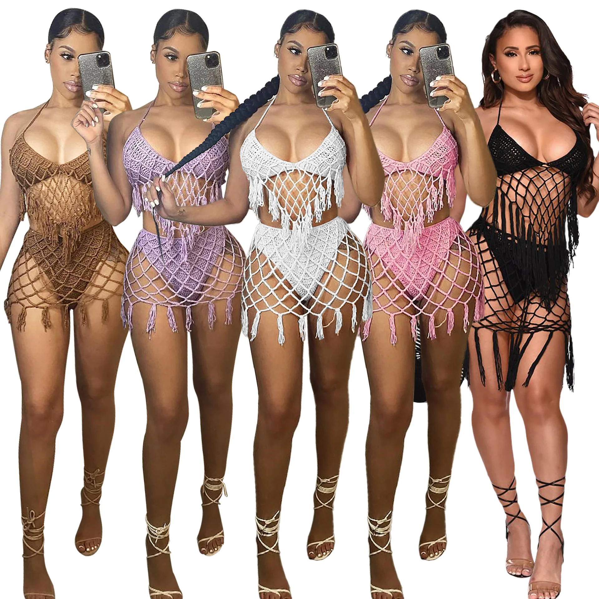 Sexy Backless Crochet Cover-Up Fringe Skirt Set Two-Piece Set Womens Summer Knitted Crop Top And Skirt Set Beach Wears