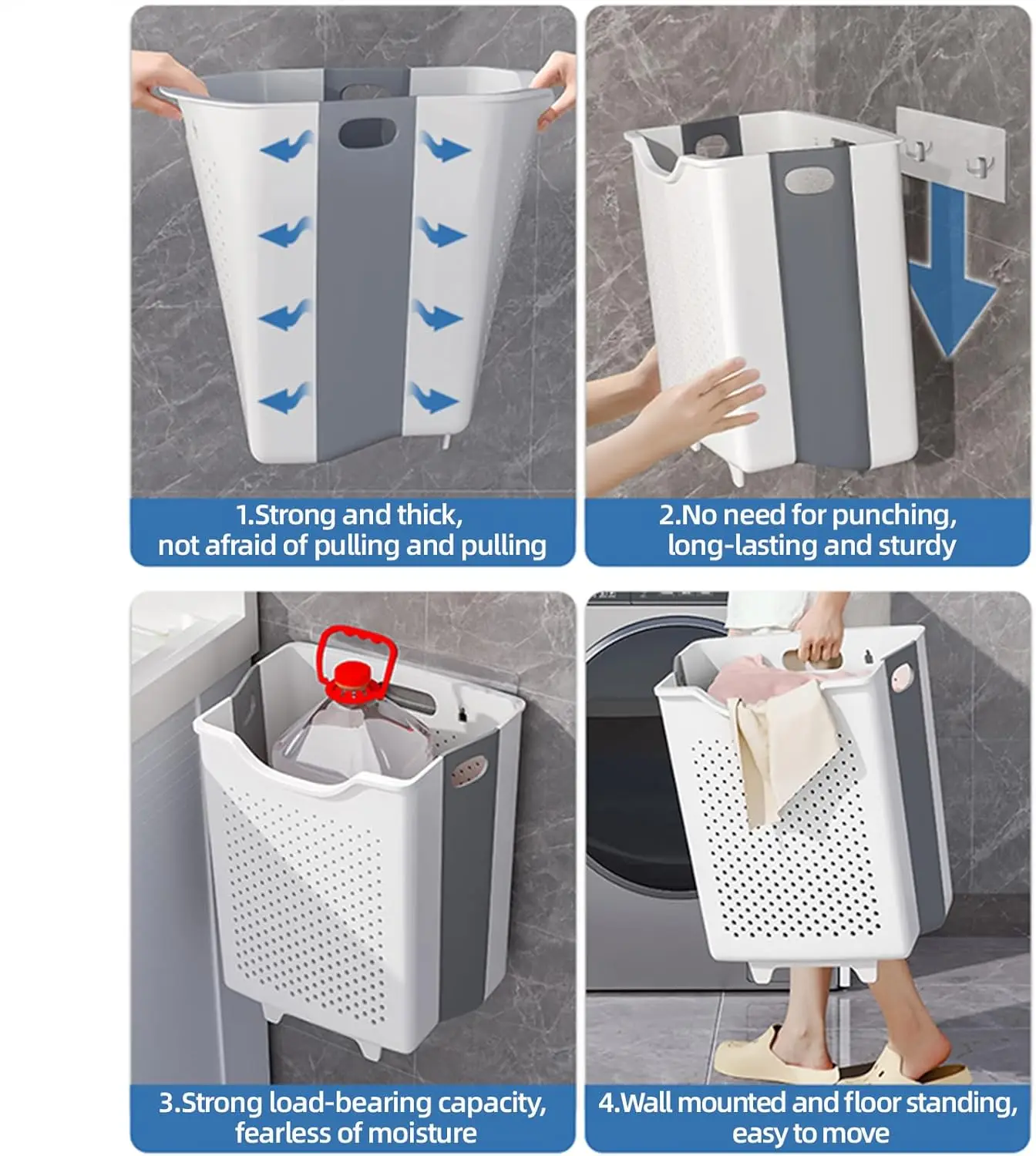 Bathroom Shower Wall Mounted Foldable Storage Basket Plastic Collapsible Hanging Laundry Hamper Bag for Dirty Clothes Organizer