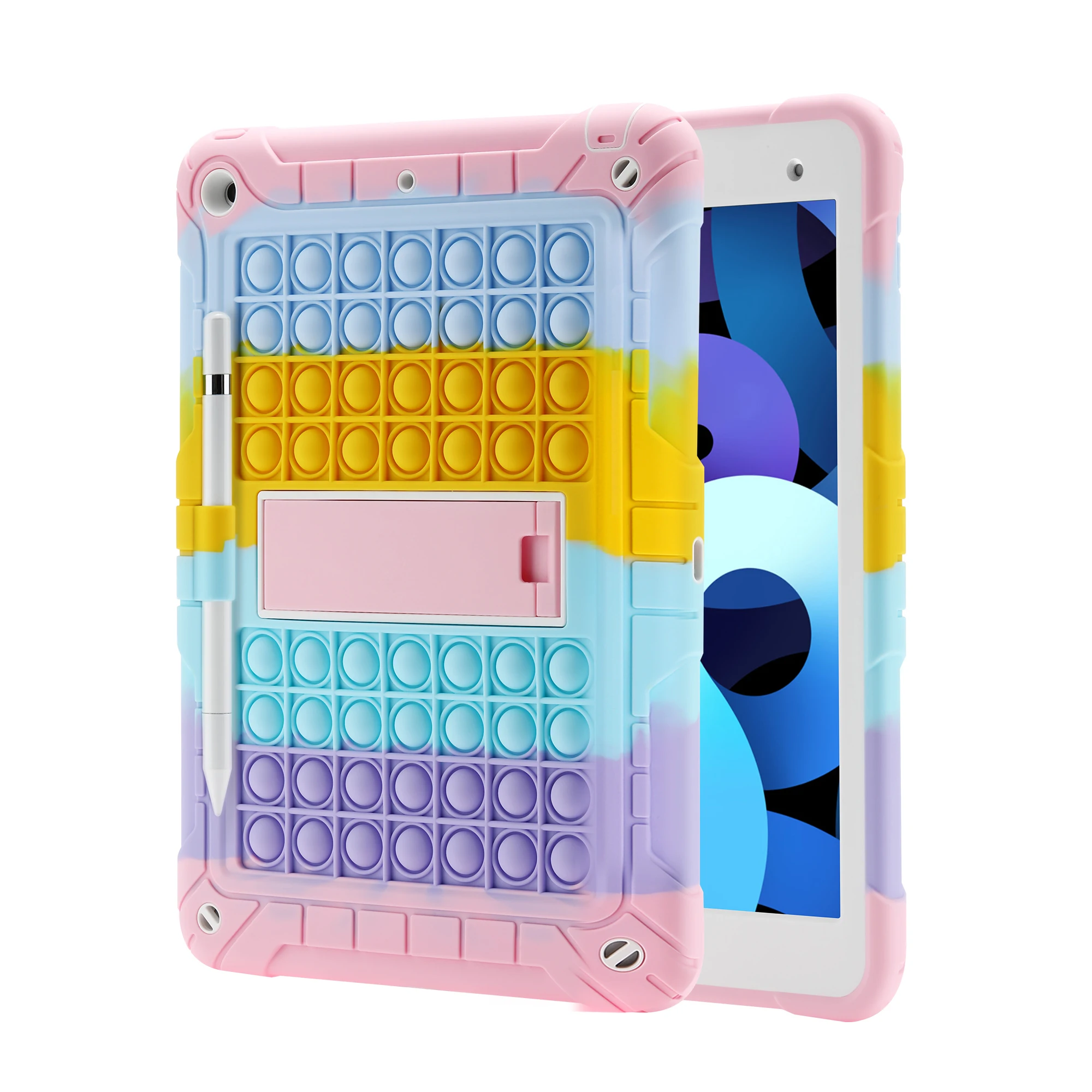 Fidget Toy Case for iPad 10.2 Inch 9th/8th/7th Generation 2021/2020/2019 Push Case Kickstand Lanyard Fidget Toy Rainbow Cover