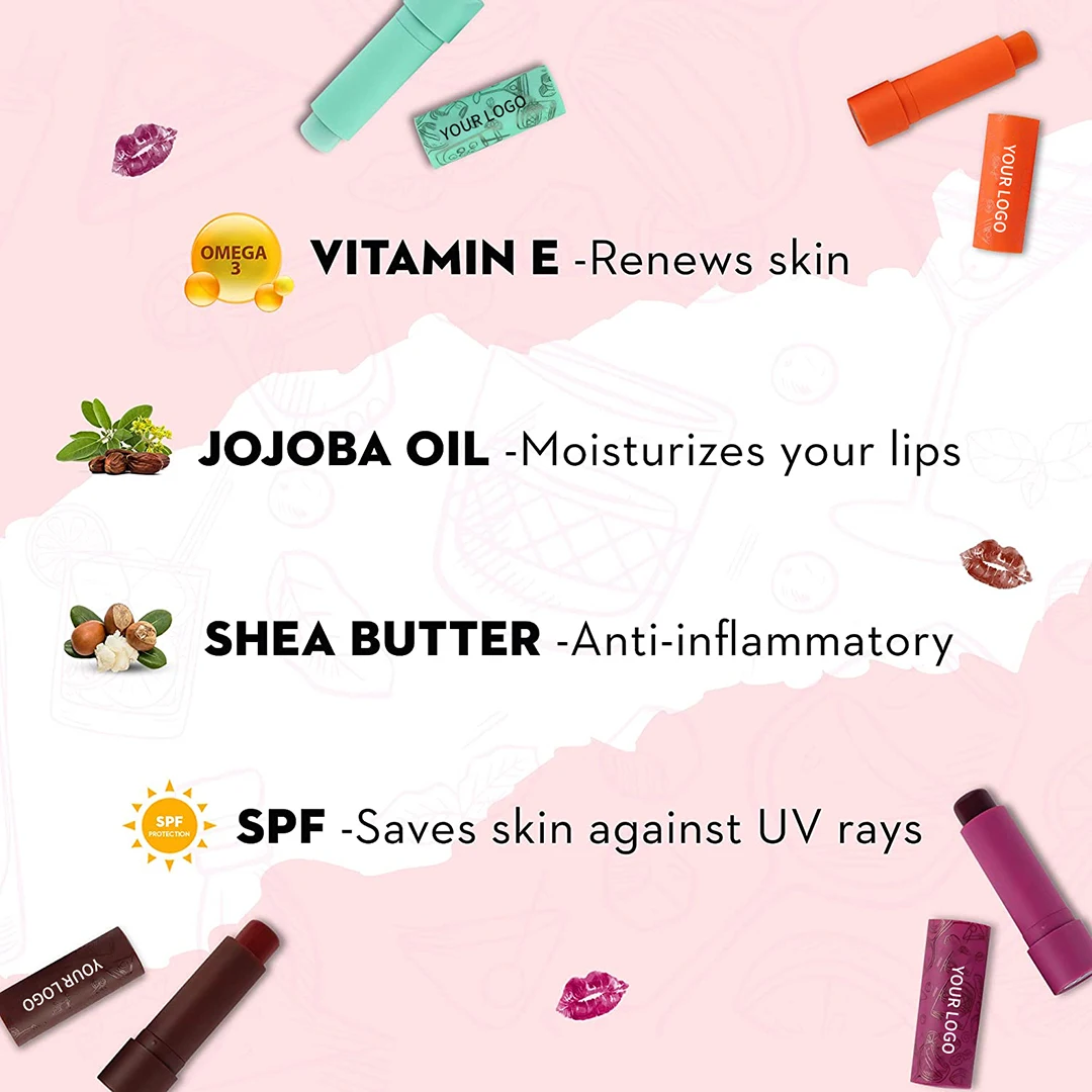 Custom Logo Vitamin E SPF30 Sunscreen Vegan Lip Balm Private Label Moisturizing Chapstick