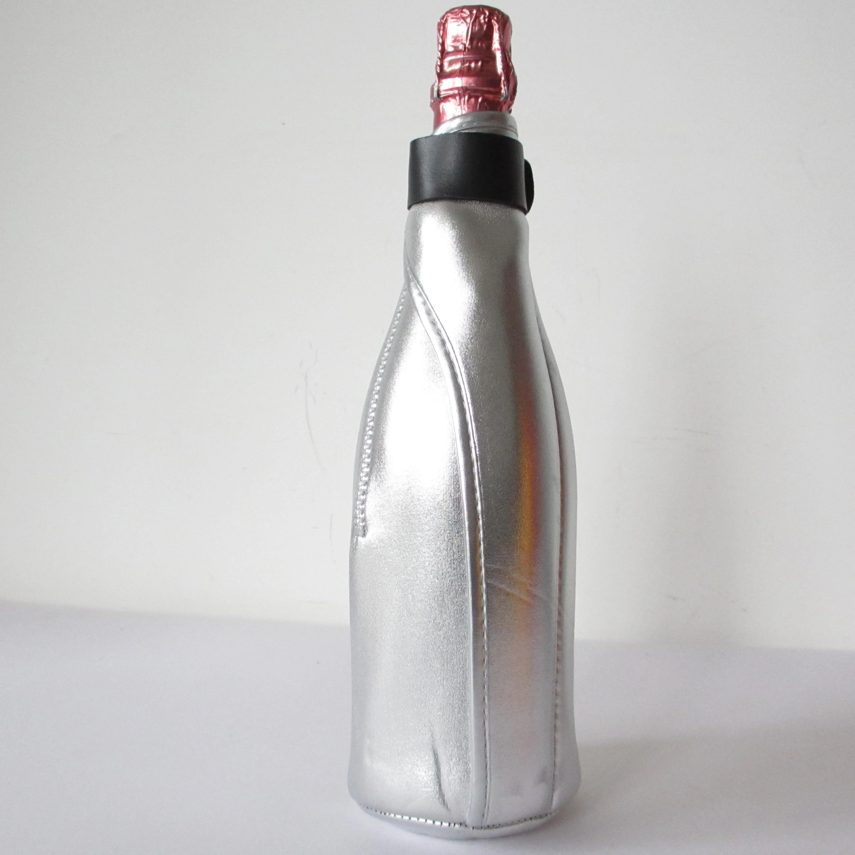 Custom Logo Shiny Neoprene Champagne Bottle Cooler 750 ml Bag Zip up Metallic Neoprene Sparkling Wine Bottle Cover