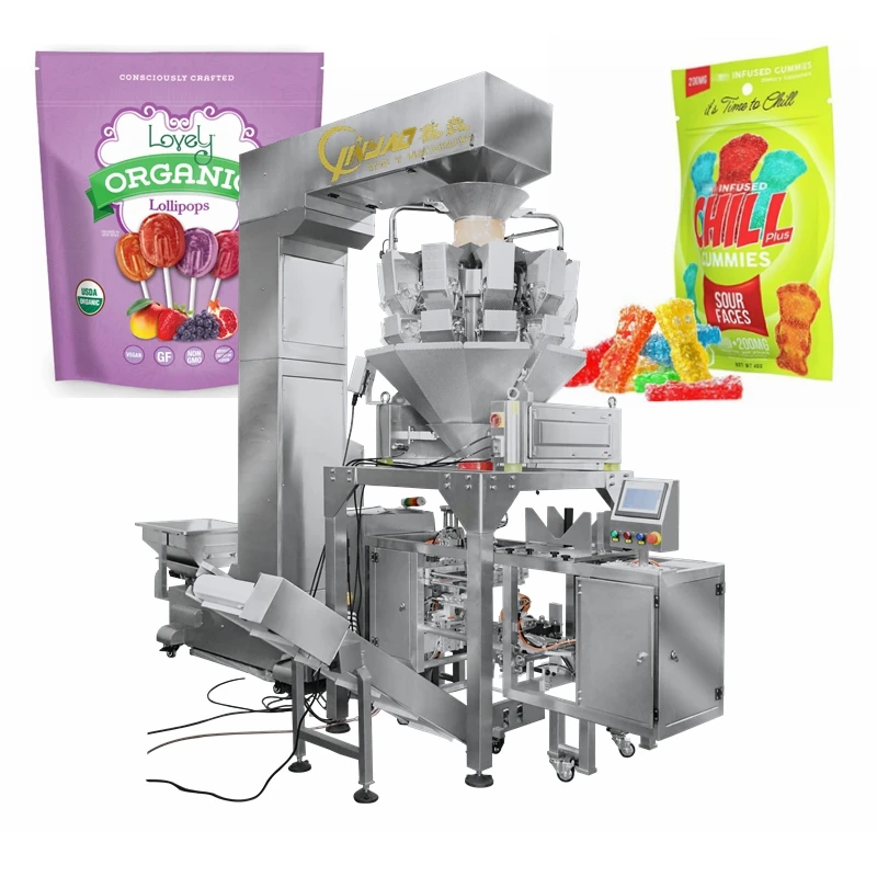 Automatic Food Weighing And Premade Zipper Bag Bonbon Gummy Candy Cube Lollipop Doypack Packing Machine
