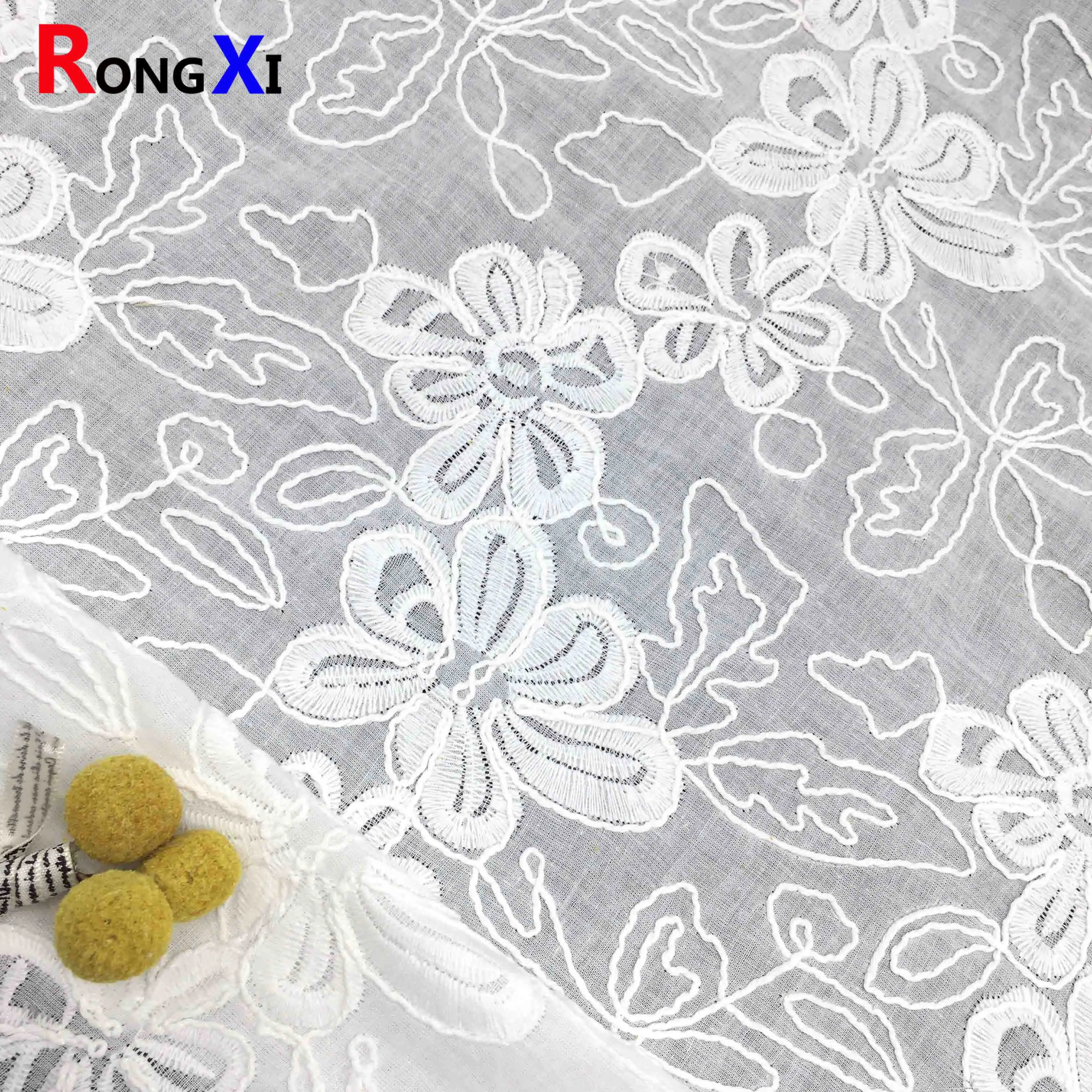 Wholesale Price RXF2212  Cotton  Eyelet  3d Flower Embroidery Luxury Lace fabric embroidery Fabric for Wedding Dress