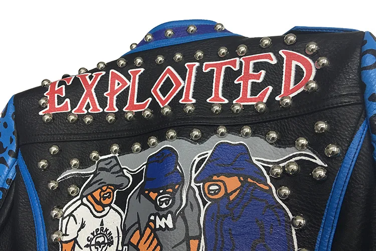 Leather Girl Street Rivets Leopard Letters Graffiti Colorful  Printed  Motorcycle Short Turn-down collar  Punk Rock Jackets