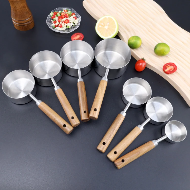 Luxury kitchen coffee scoop stainless steel measuring spoon wholesale wood handle measuring cups and spoons set