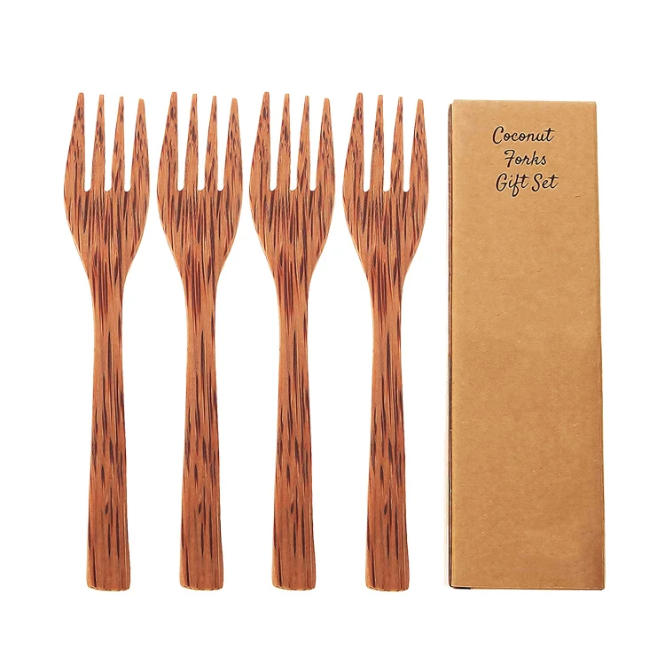 Reusable Kitchen Tool Salad Natural Wooden Tableware Forks Set Organic Coconut Wooden Fork