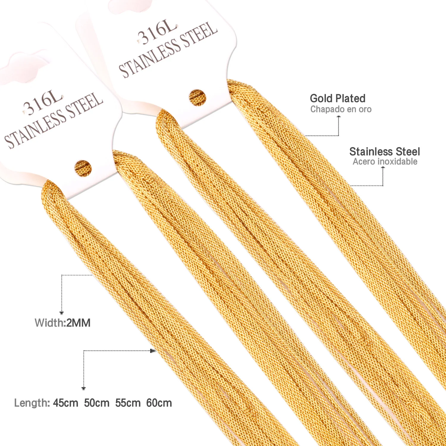 316L 2mm Gold Filled Stainless Steel Necklace Chain for Men and Women Stainless Steel Gold Chain Necklace