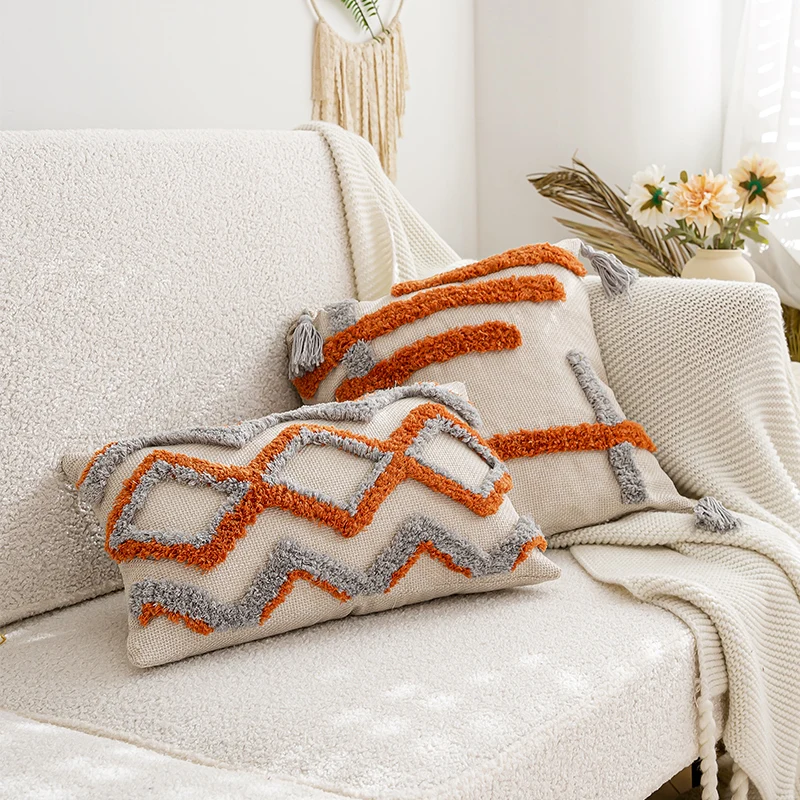 French Style Brown Living Room Sofa Cushion Light Luxury Geometric Embroidery Backrest Pillowcase for Home or Hotel